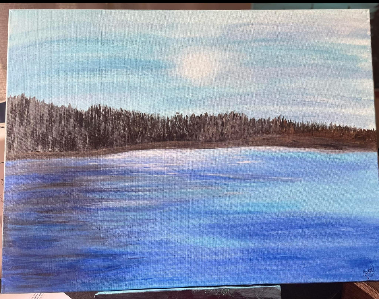 “Sunset Pines Over the Lake – Original Acrylic Painting (18×24)”