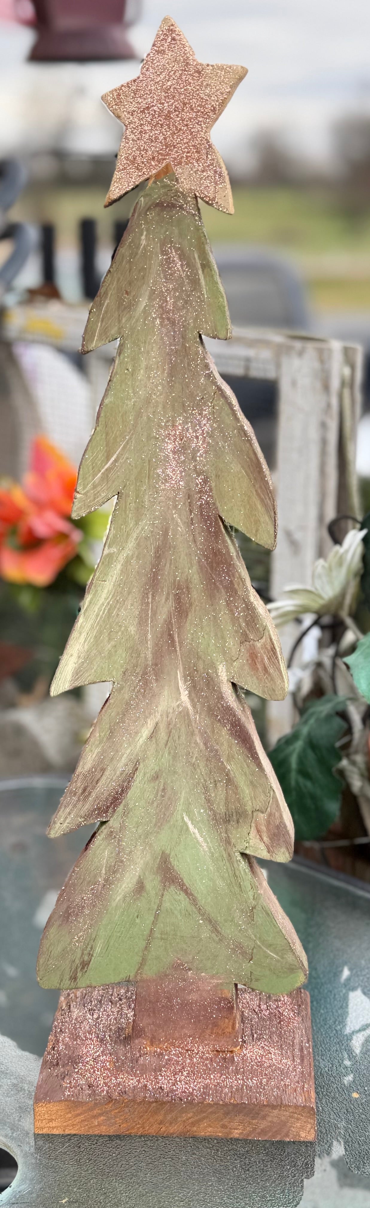 Handcrafted Rustic Wooden Christmas Tree – Distressed Green with Glitter Star#12