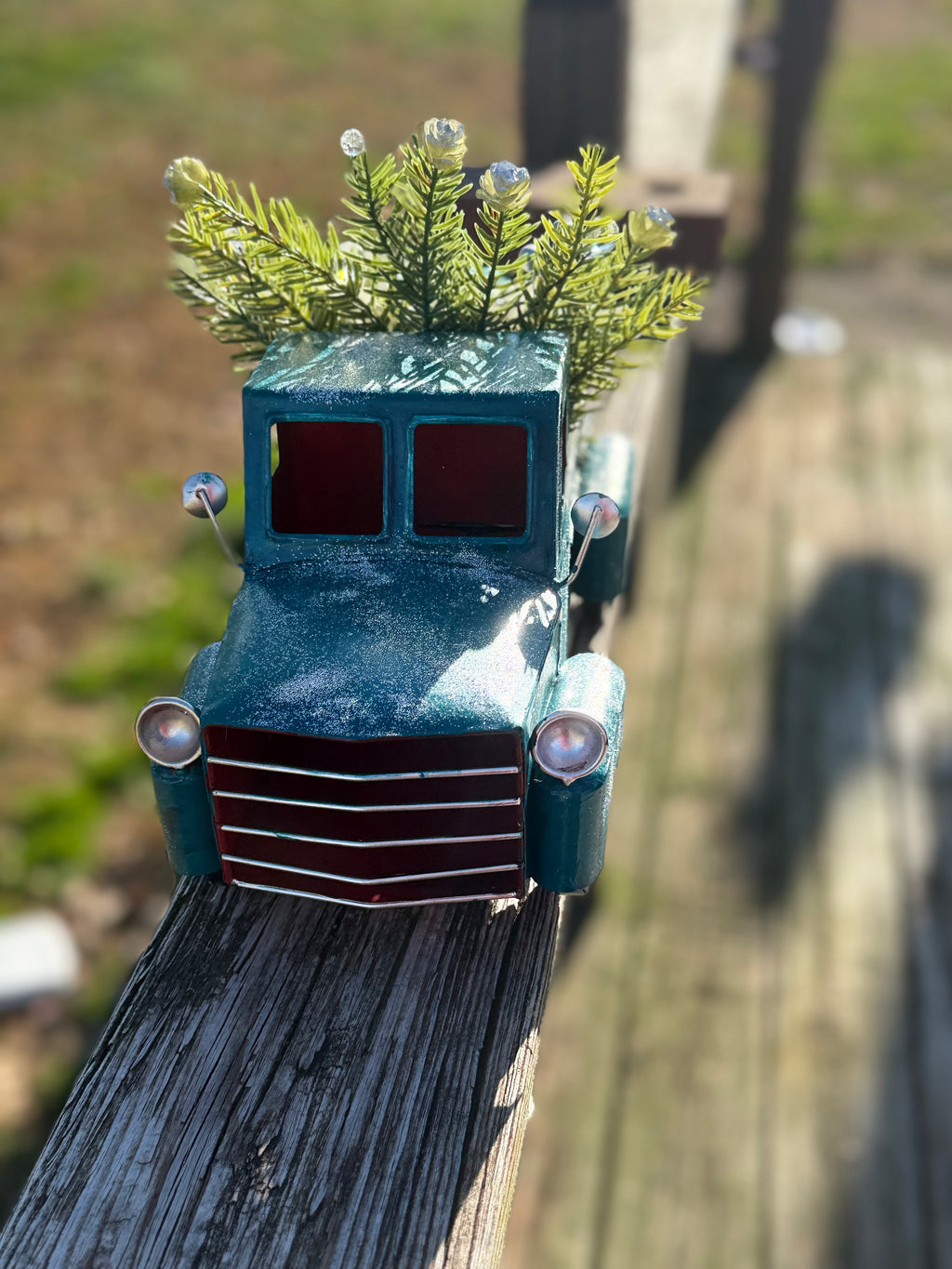 Teal Vintage Christmas Truck Decor with Winter Greenery & Glitter Poinsettia#6