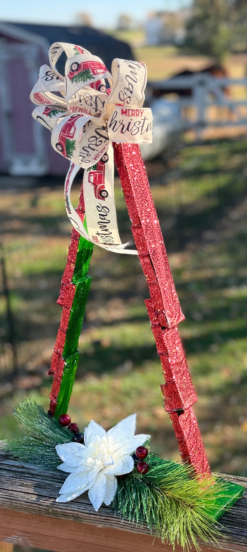 Decorated Wooden Christmas Tree with Bow & Holiday Florals – Handmade#16
