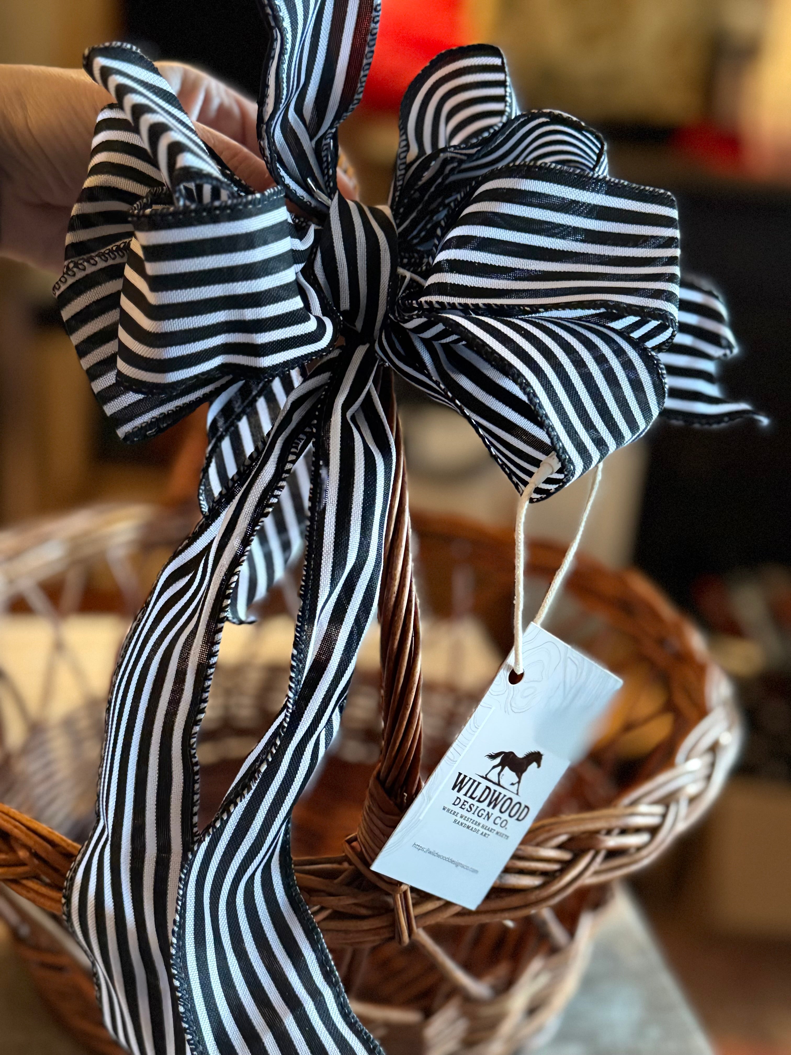 Handmade Black & White Striped Bow – Wreath & Gift Decor#67