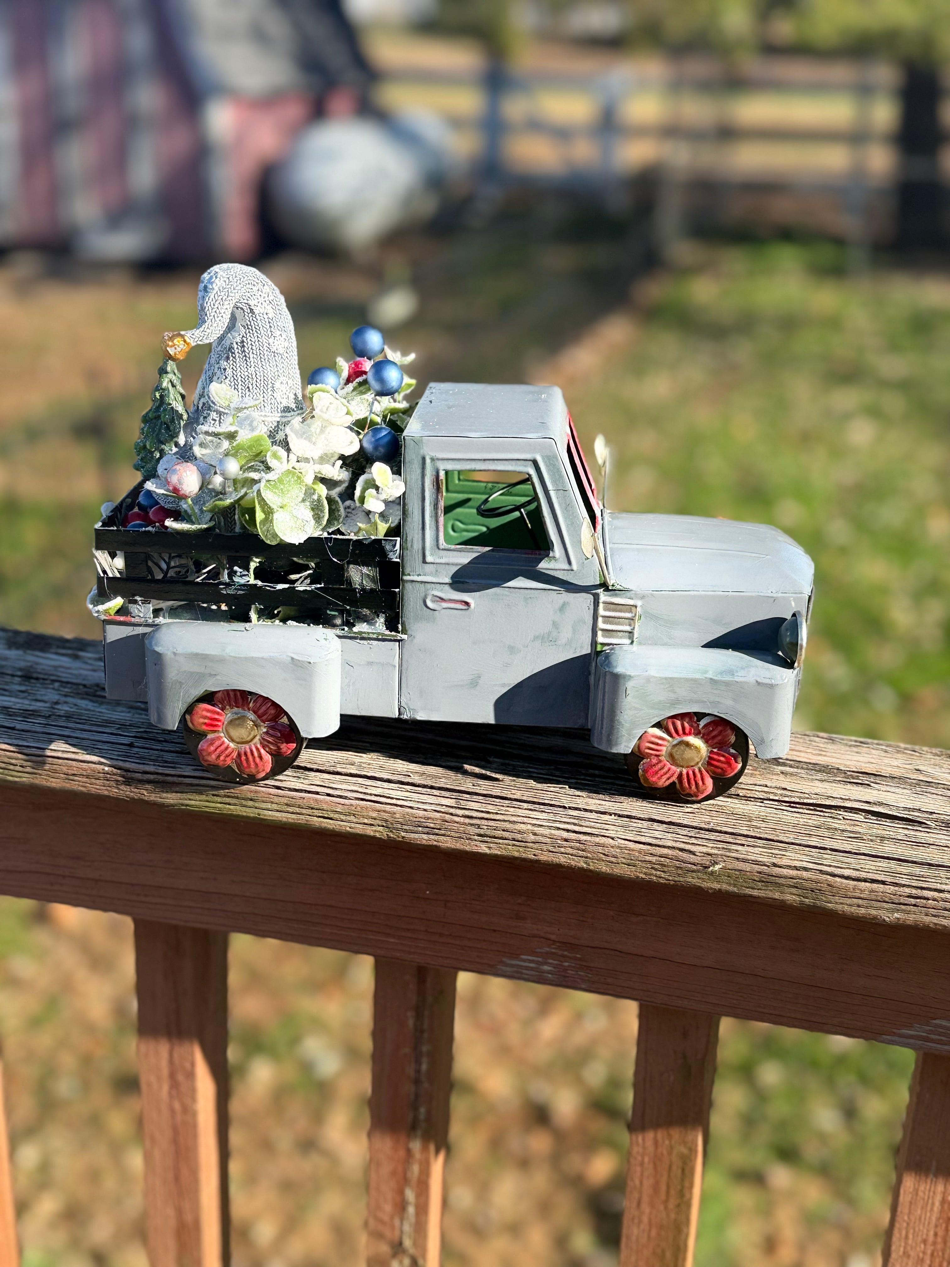 Gray Vintage Christmas Truck Decor with Gnome & Winter Greenery#4