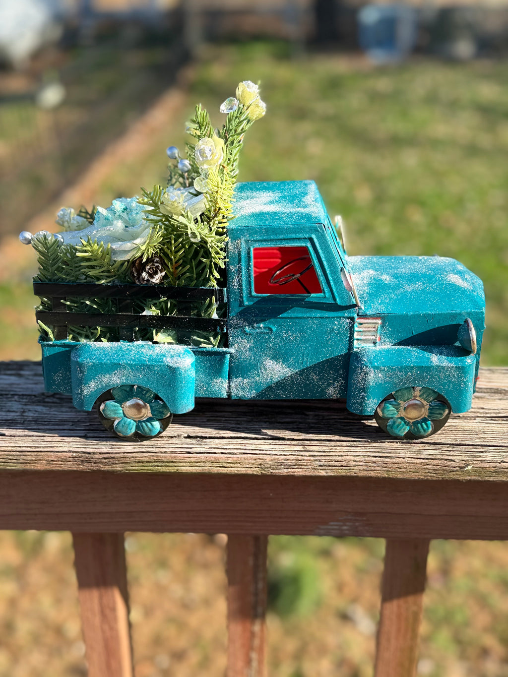 Teal Vintage Christmas Truck Decor with Winter Greenery & Glitter Poinsettia#6