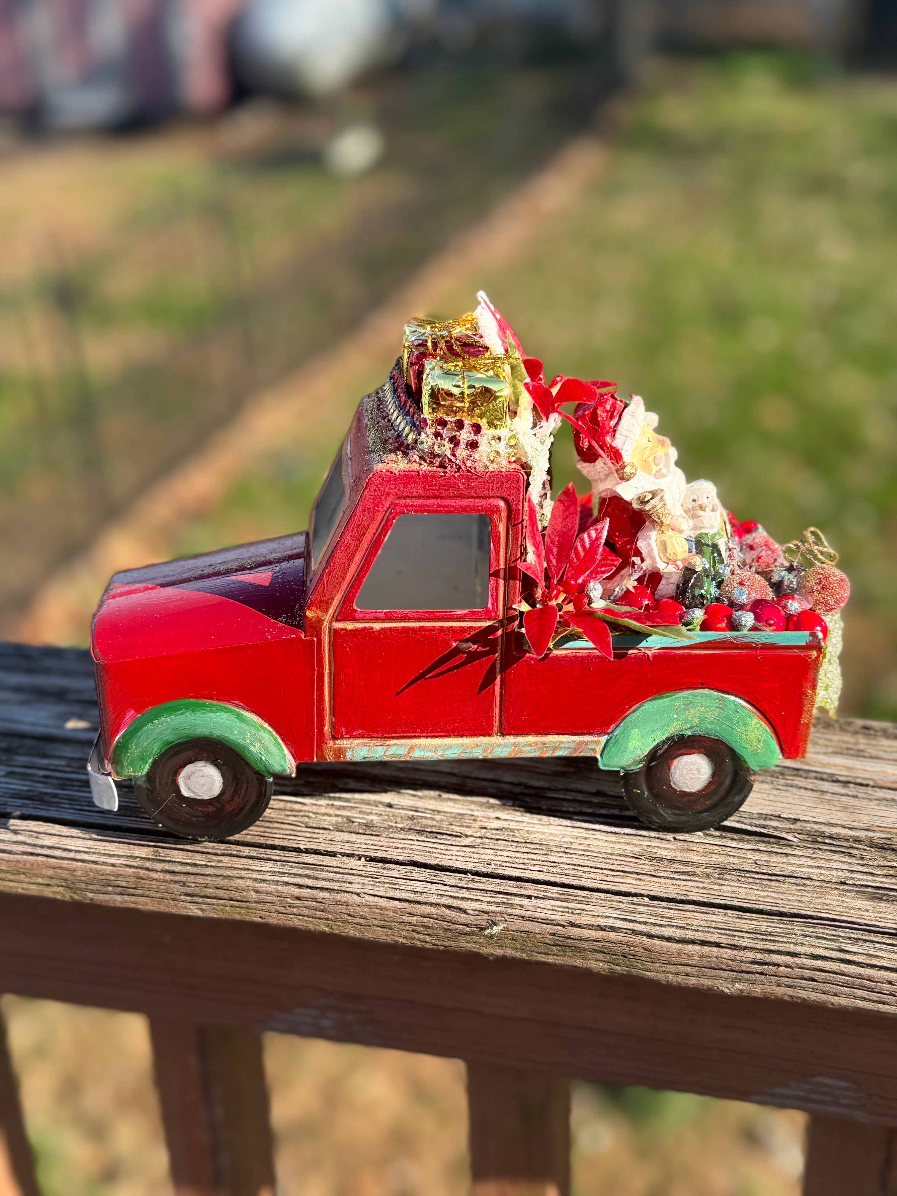 Red Vintage Christmas Truck Decor with Santa, Gifts & Holiday Arrangement#3