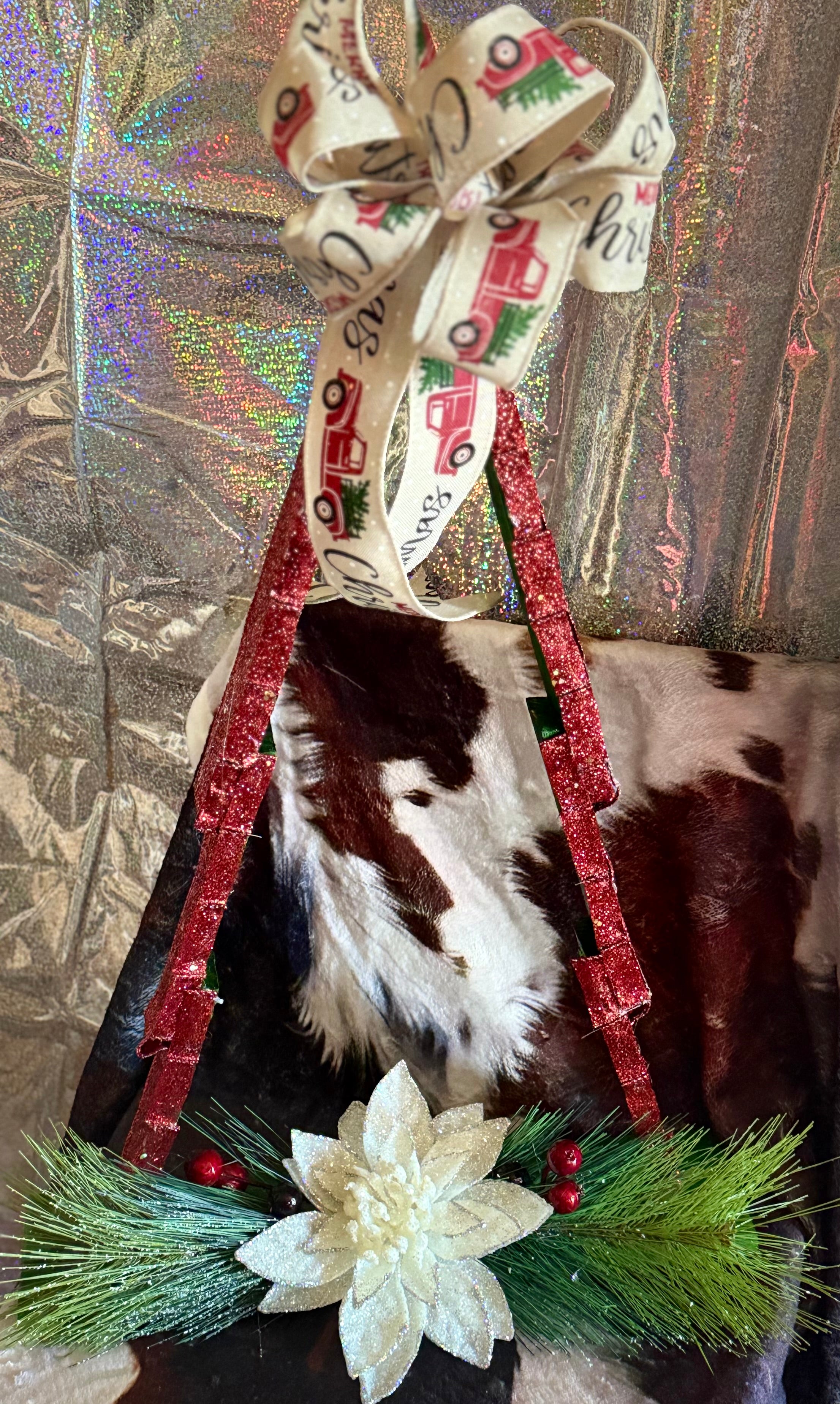 Decorated Wooden Christmas Tree with Bow & Holiday Florals – Handmade#16