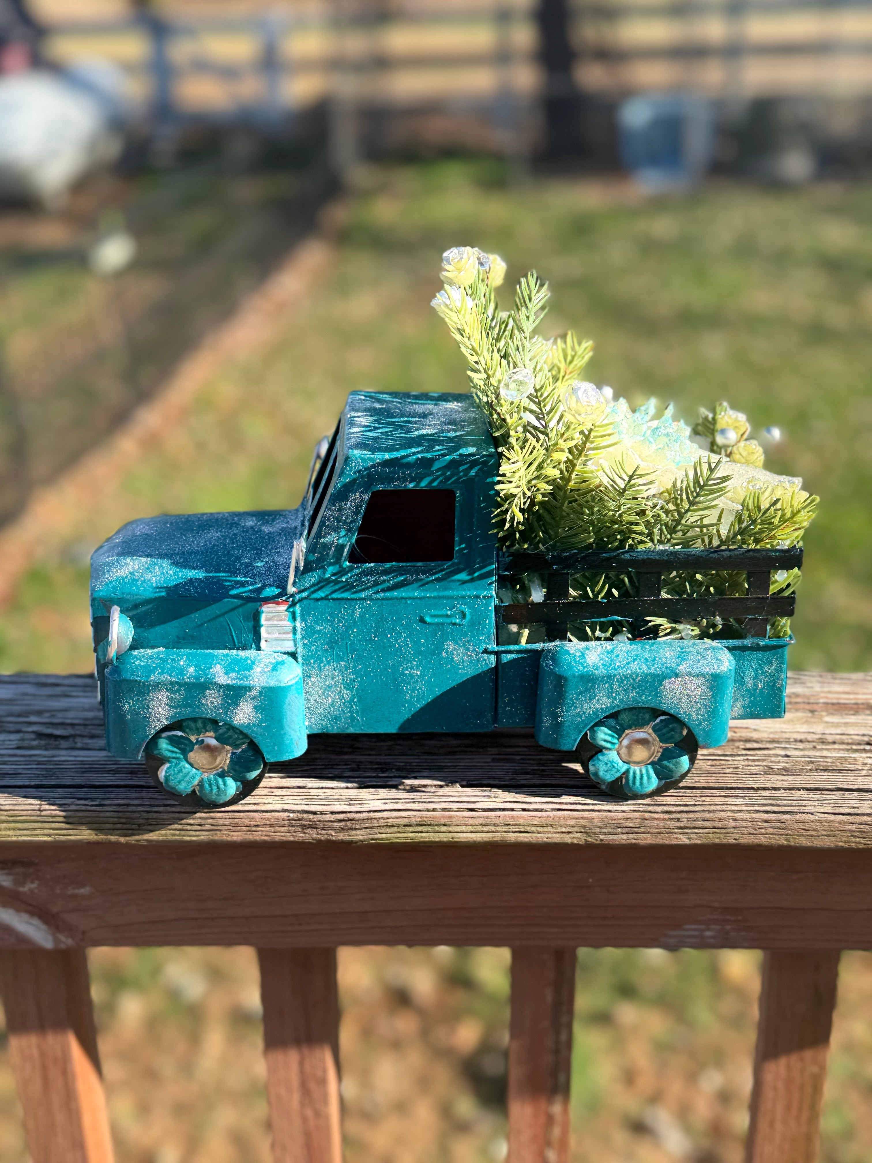 Teal Vintage Christmas Truck Decor with Winter Greenery & Glitter Poinsettia#6