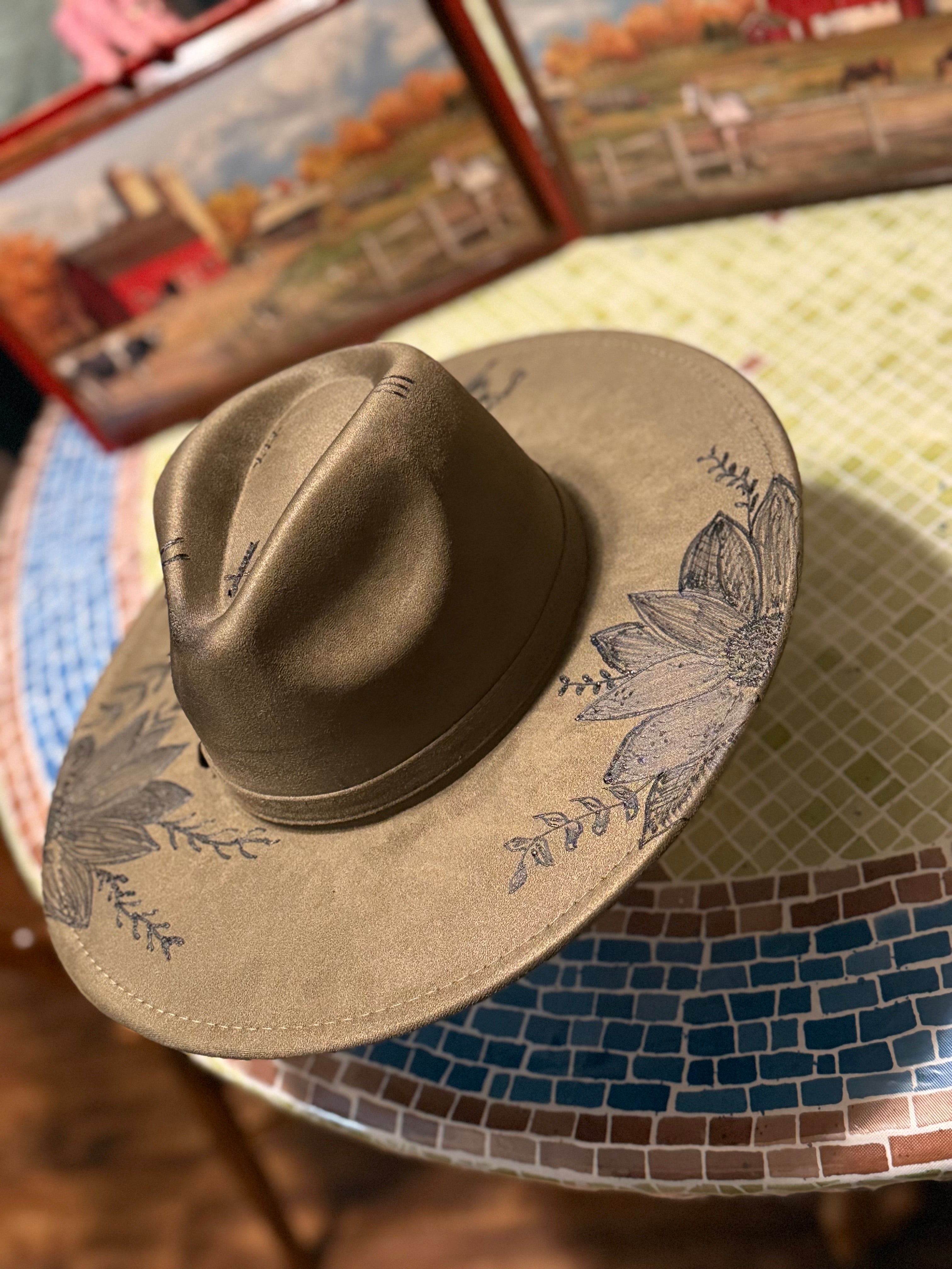 Handmade Wood-Burned Floral Western Hat – Adjustable Suede-Feel Brim