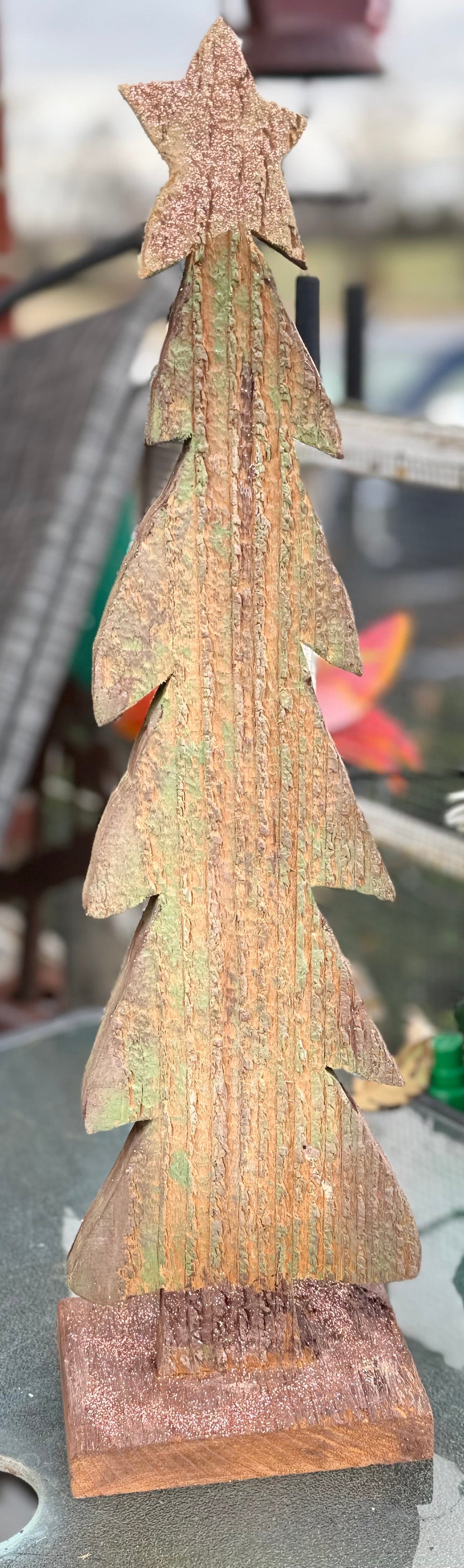 Handcrafted Rustic Wooden Christmas Tree – Distressed Green with Glitter Star#12