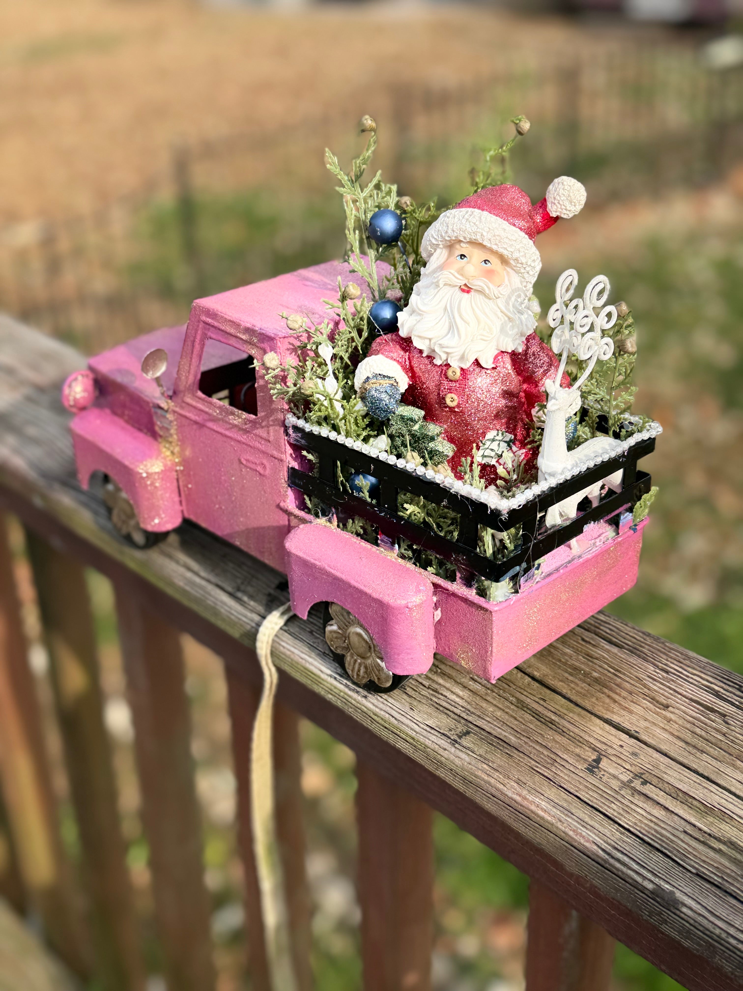 Pink Vintage Christmas Truck Decor with Santa & Greenery Arrangement#8