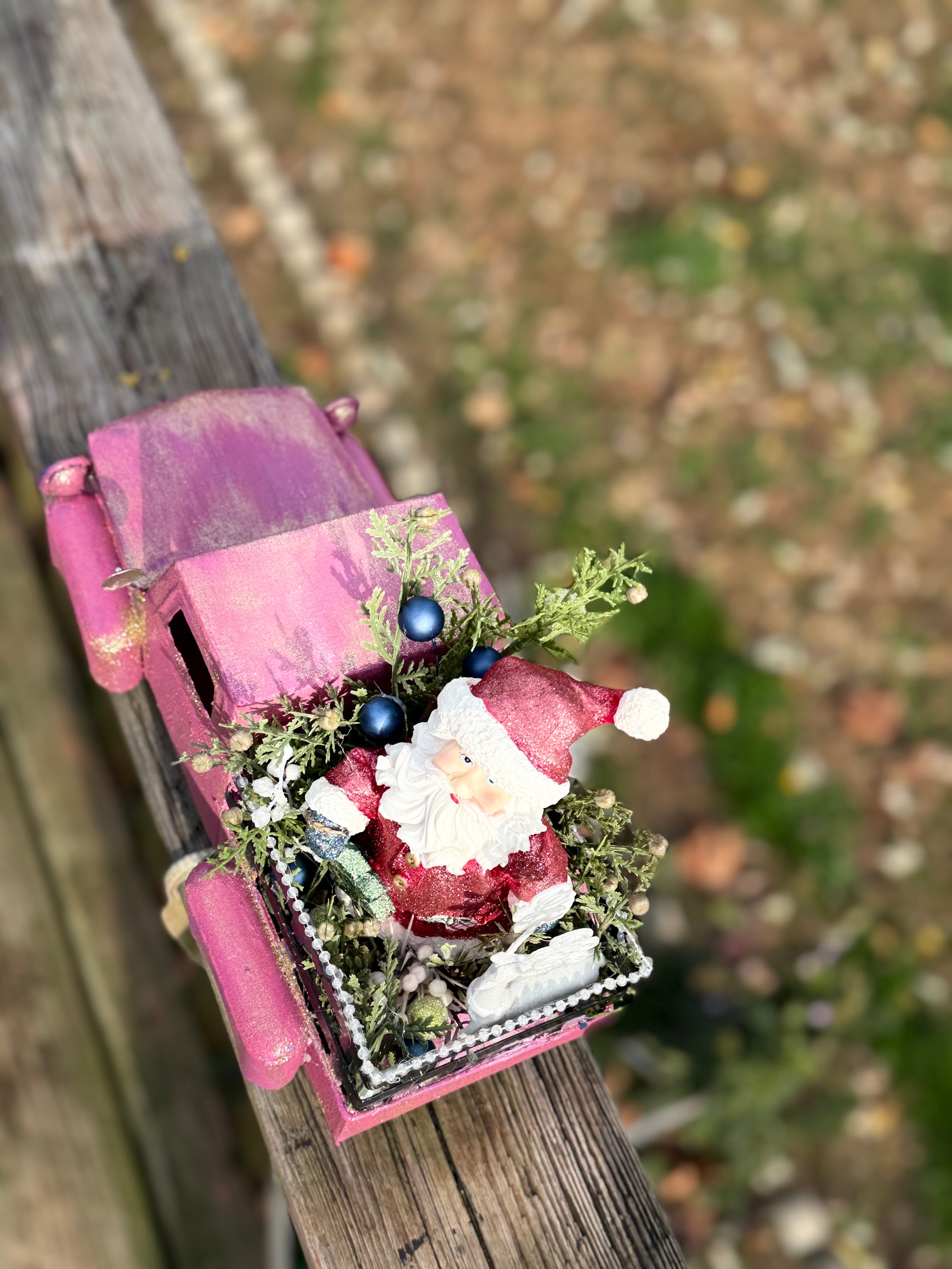 Pink Vintage Christmas Truck Decor with Santa & Greenery Arrangement#8