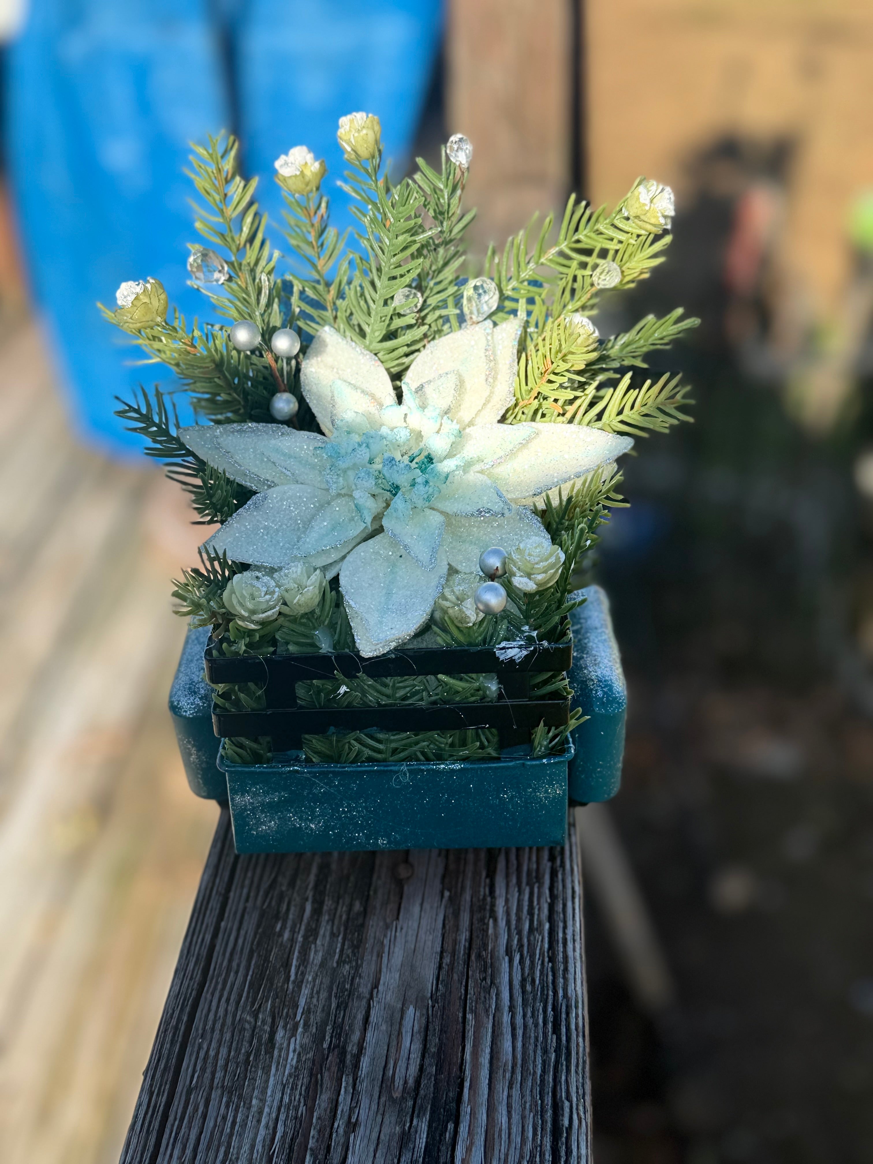 Teal Vintage Christmas Truck Decor with Winter Greenery & Glitter Poinsettia#6