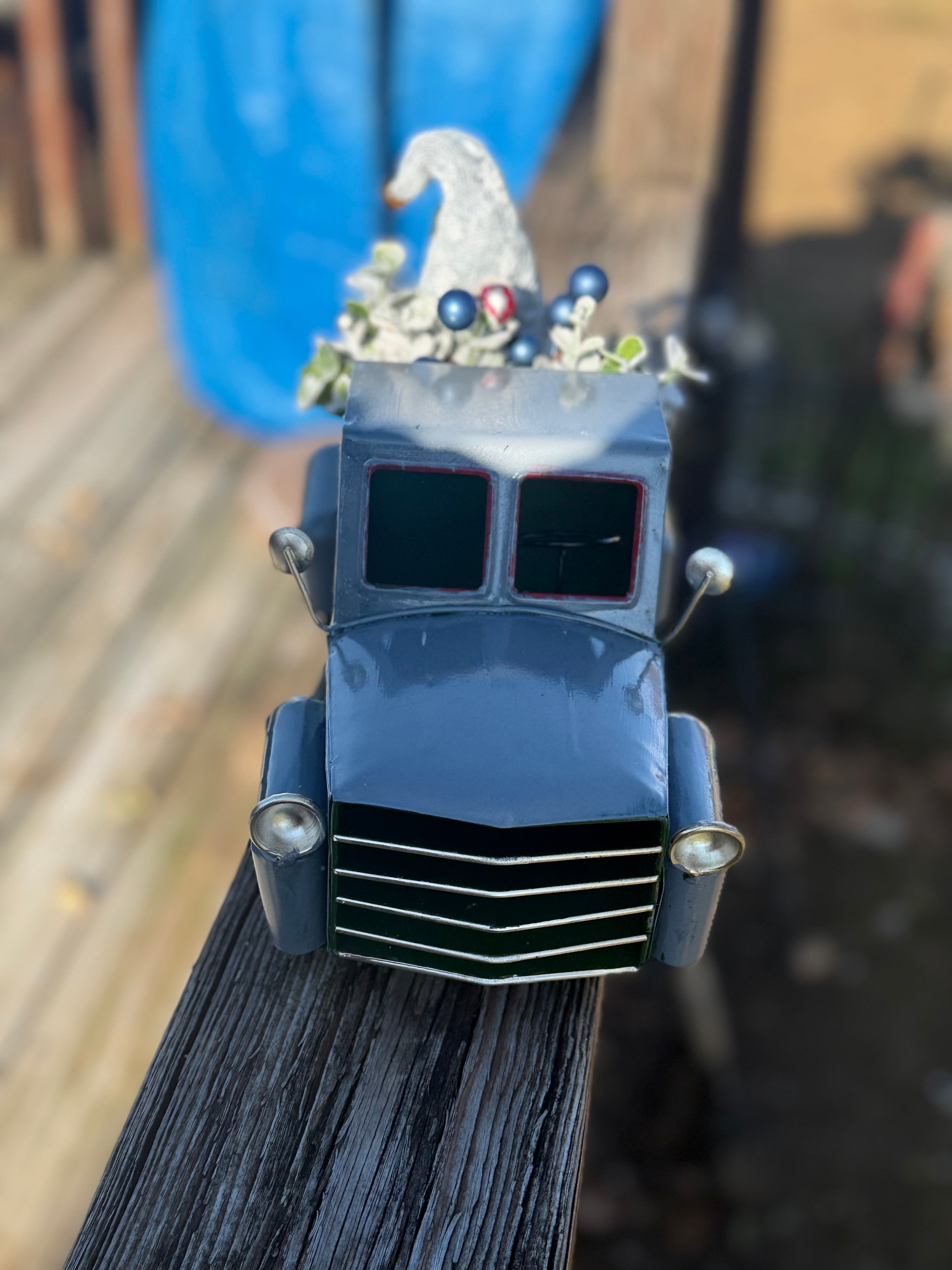 Gray Vintage Christmas Truck Decor with Gnome & Winter Greenery#4