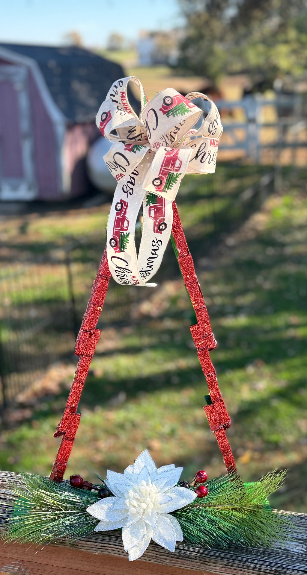 Decorated Wooden Christmas Tree with Bow & Holiday Florals – Handmade#16
