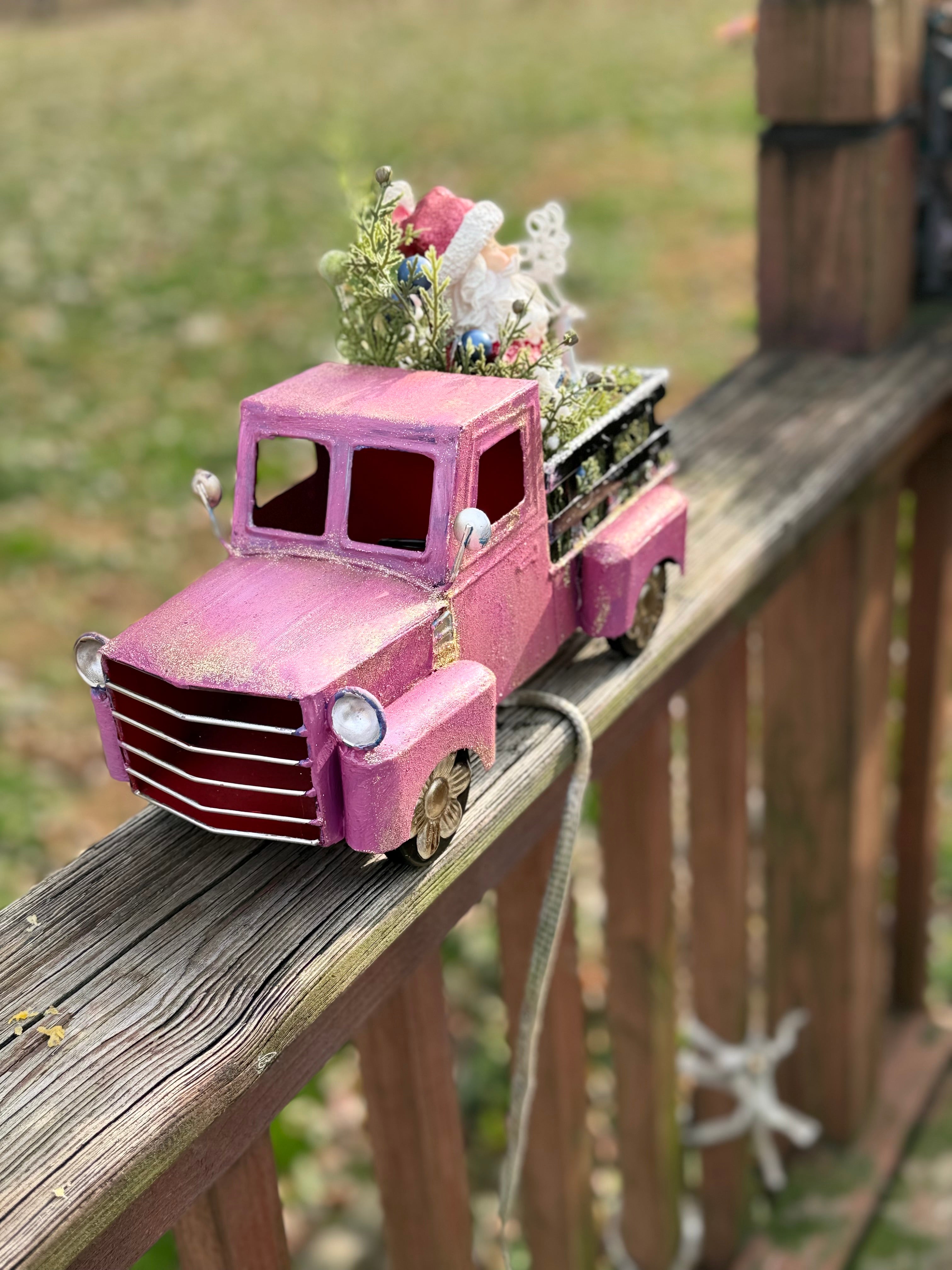 Pink Vintage Christmas Truck Decor with Santa & Greenery Arrangement#8