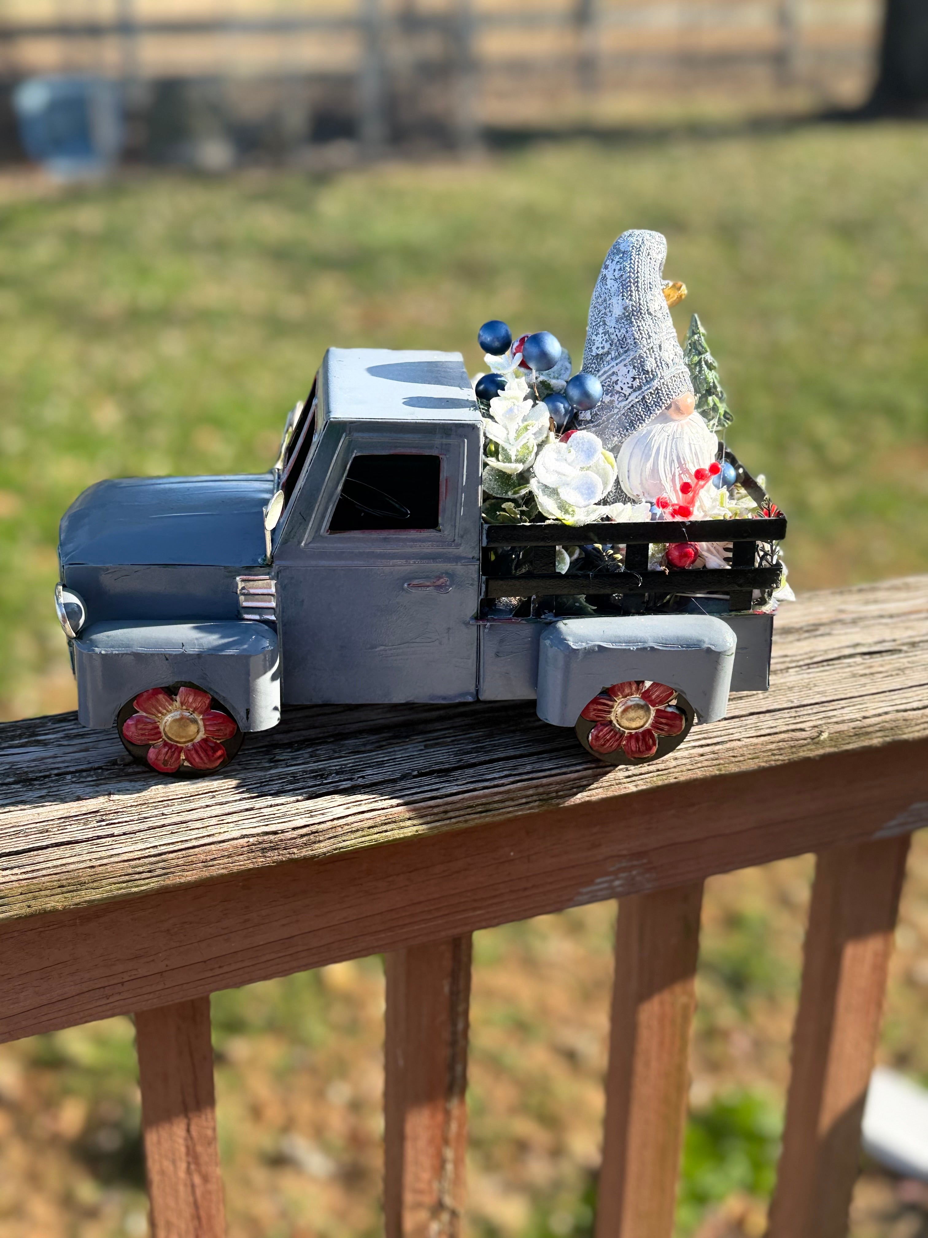 Gray Vintage Christmas Truck Decor with Gnome & Winter Greenery#4