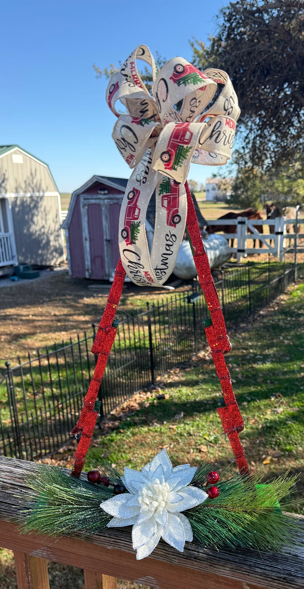 Decorated Wooden Christmas Tree with Bow & Holiday Florals – Handmade#16