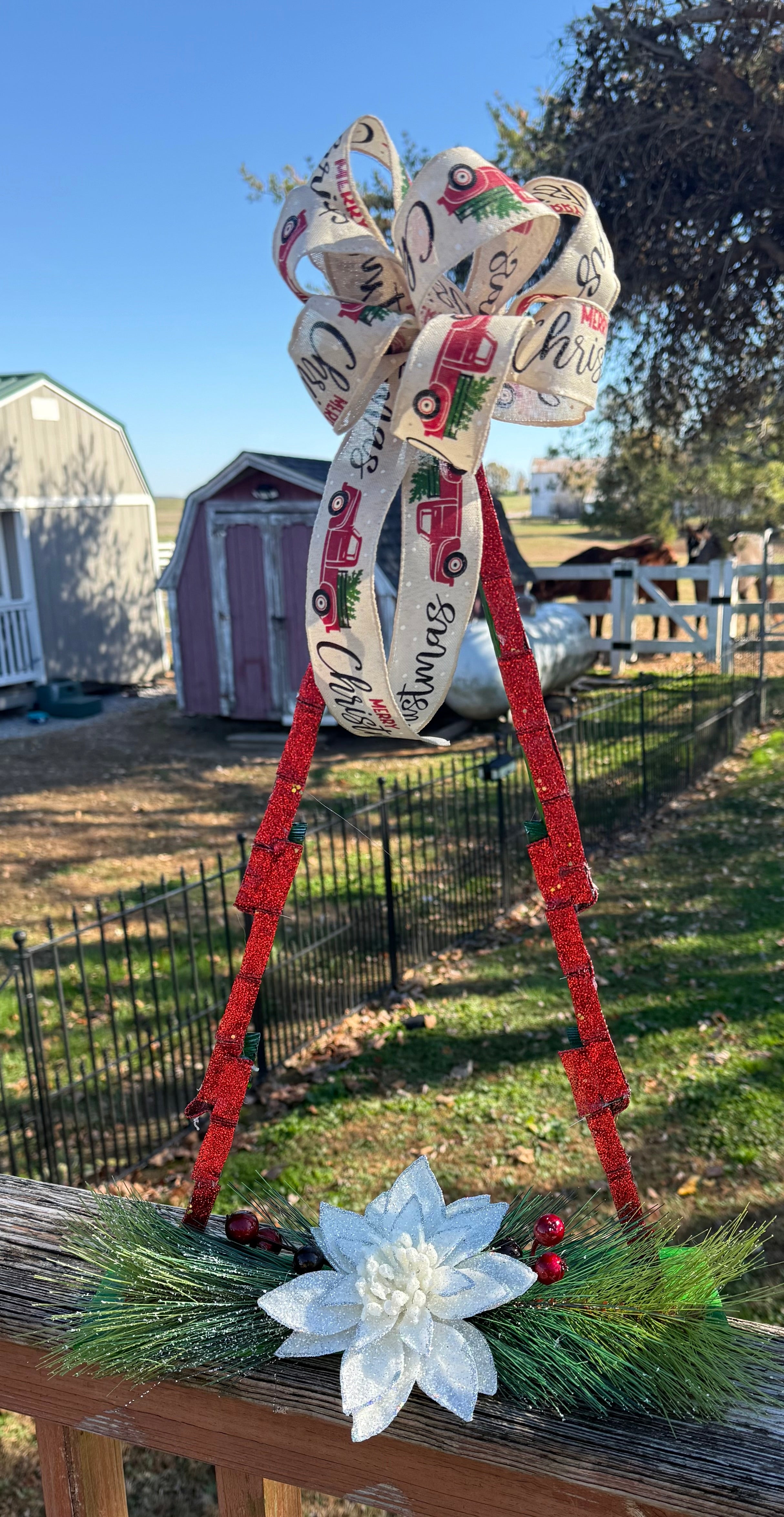 Decorated Wooden Christmas Tree with Bow & Holiday Florals – Handmade#16