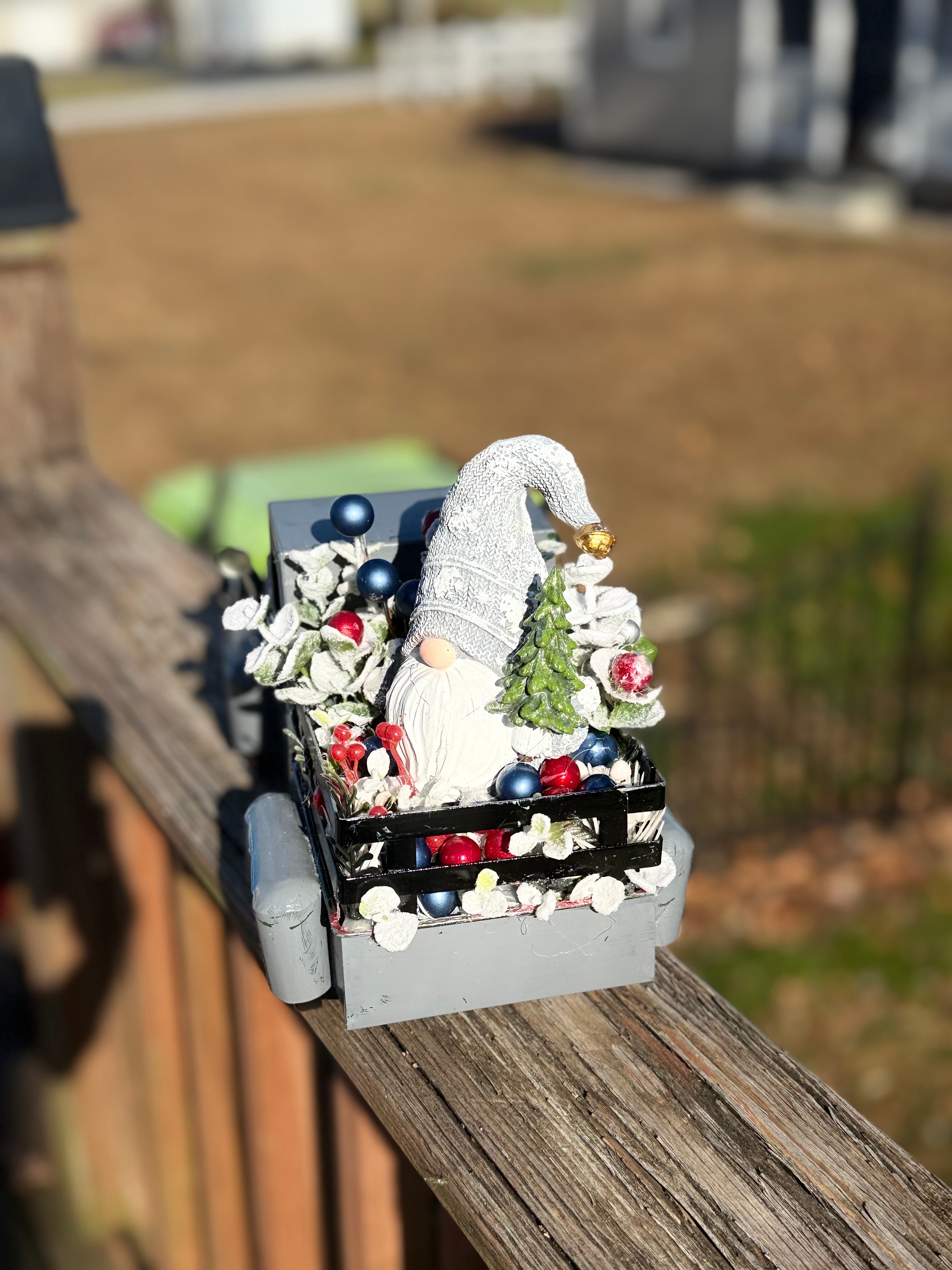 Gray Vintage Christmas Truck Decor with Gnome & Winter Greenery#4