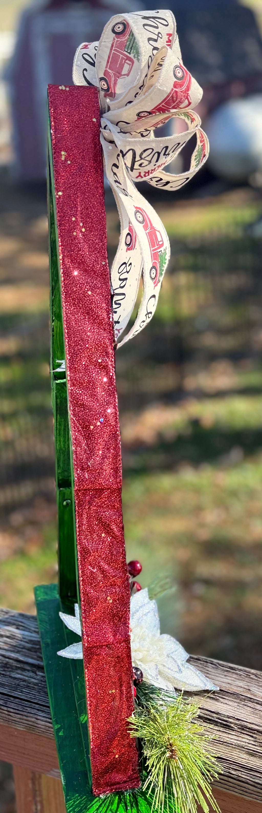 Decorated Wooden Christmas Tree with Bow & Holiday Florals – Handmade#16
