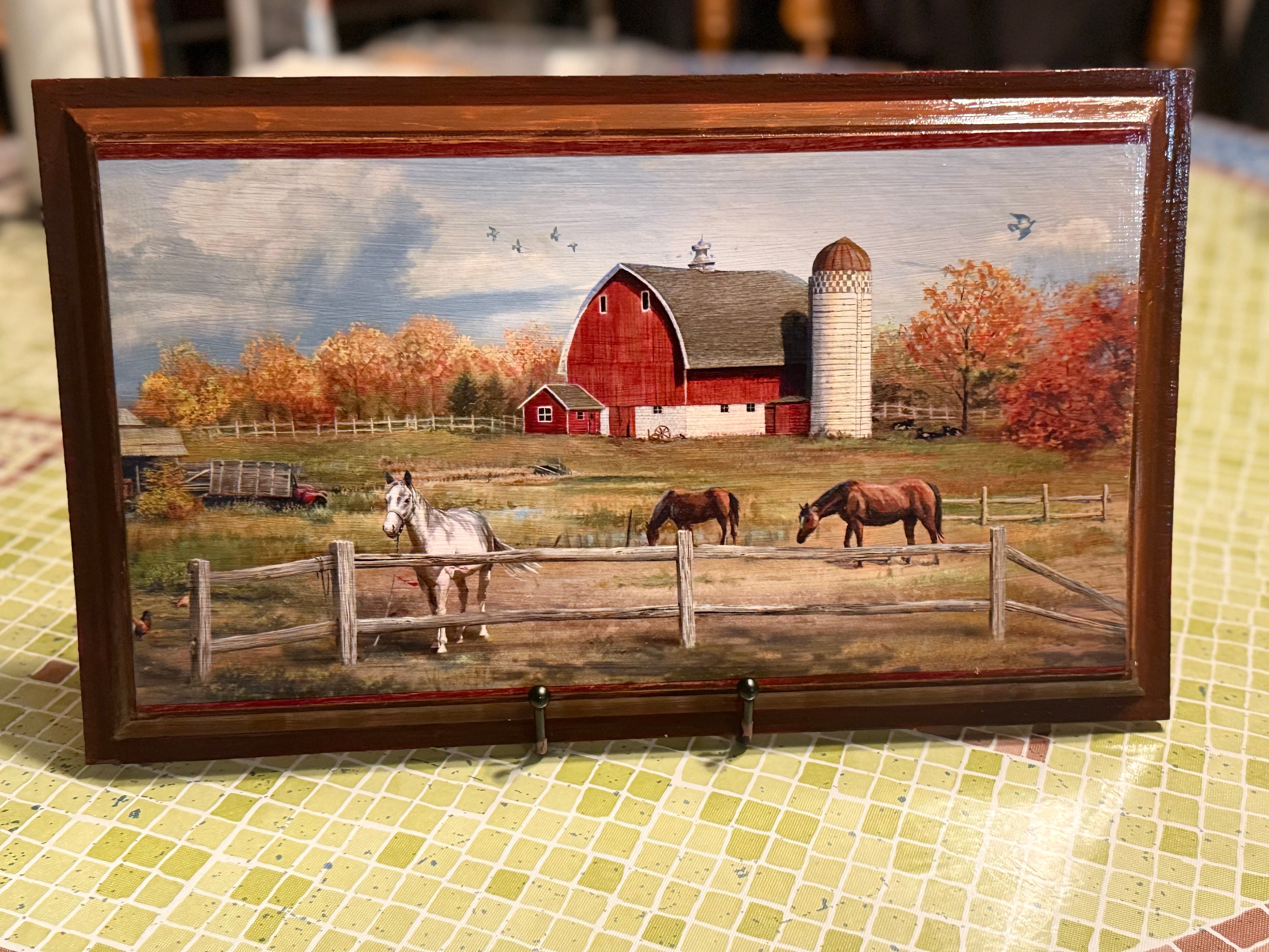 Rustic Red Barn & Horses Autumn Wall Art – 15.5” x 9.5” Wood Frame#53