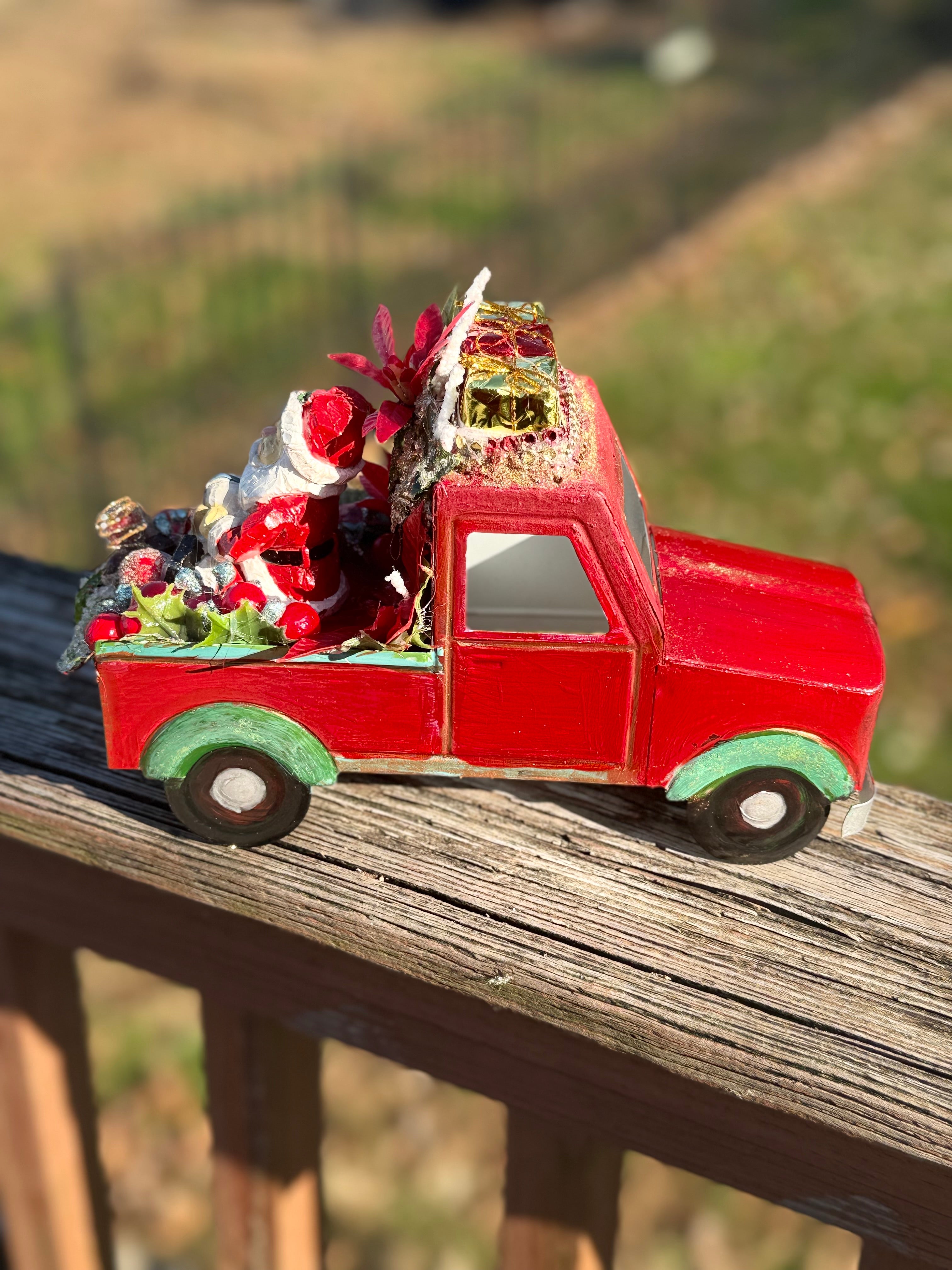 Red Vintage Christmas Truck Decor with Santa, Gifts & Holiday Arrangement#3