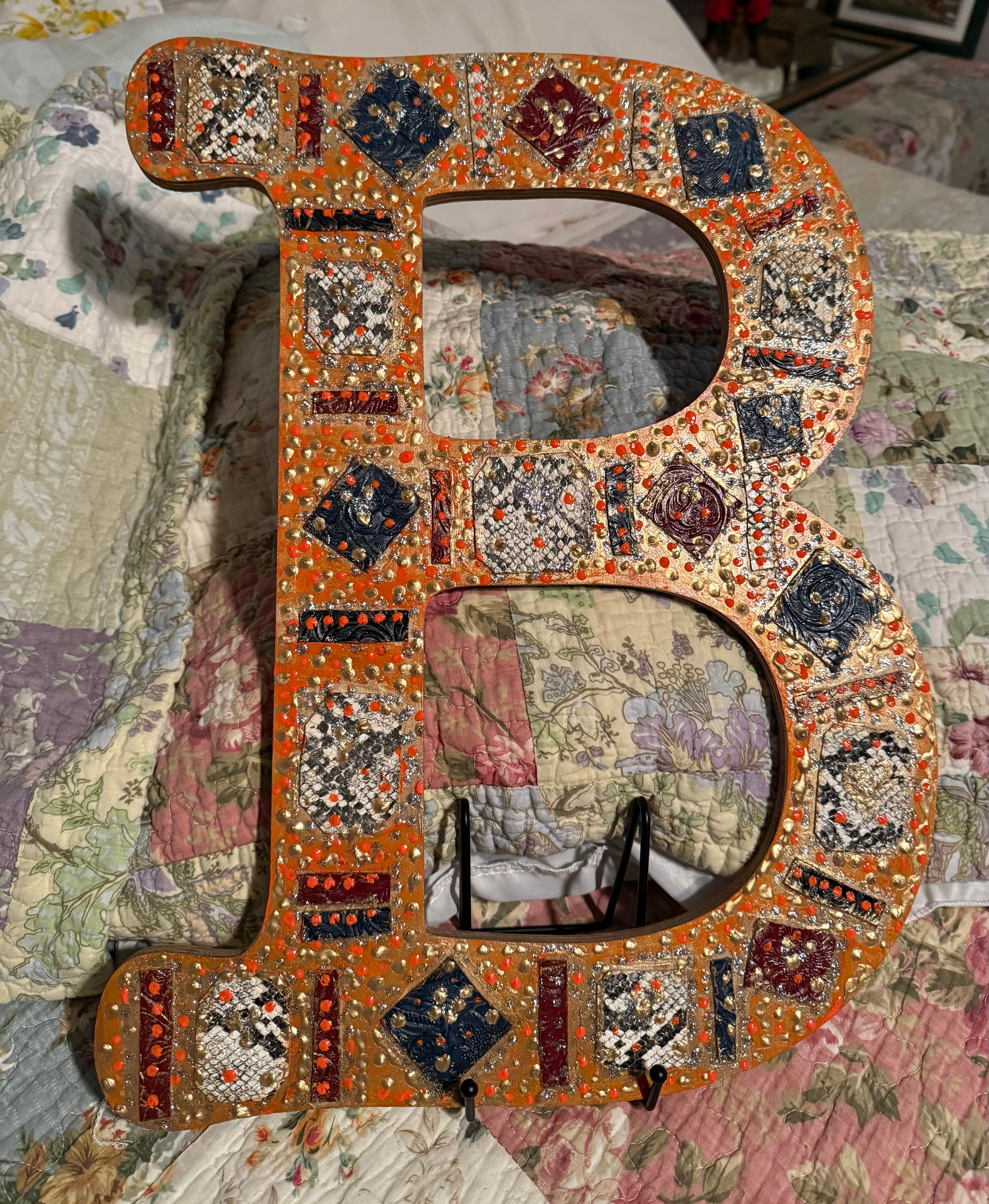 Handcrafted Western Decorative Letter “B” – Patchwork & Stud Accent Wall Art #31