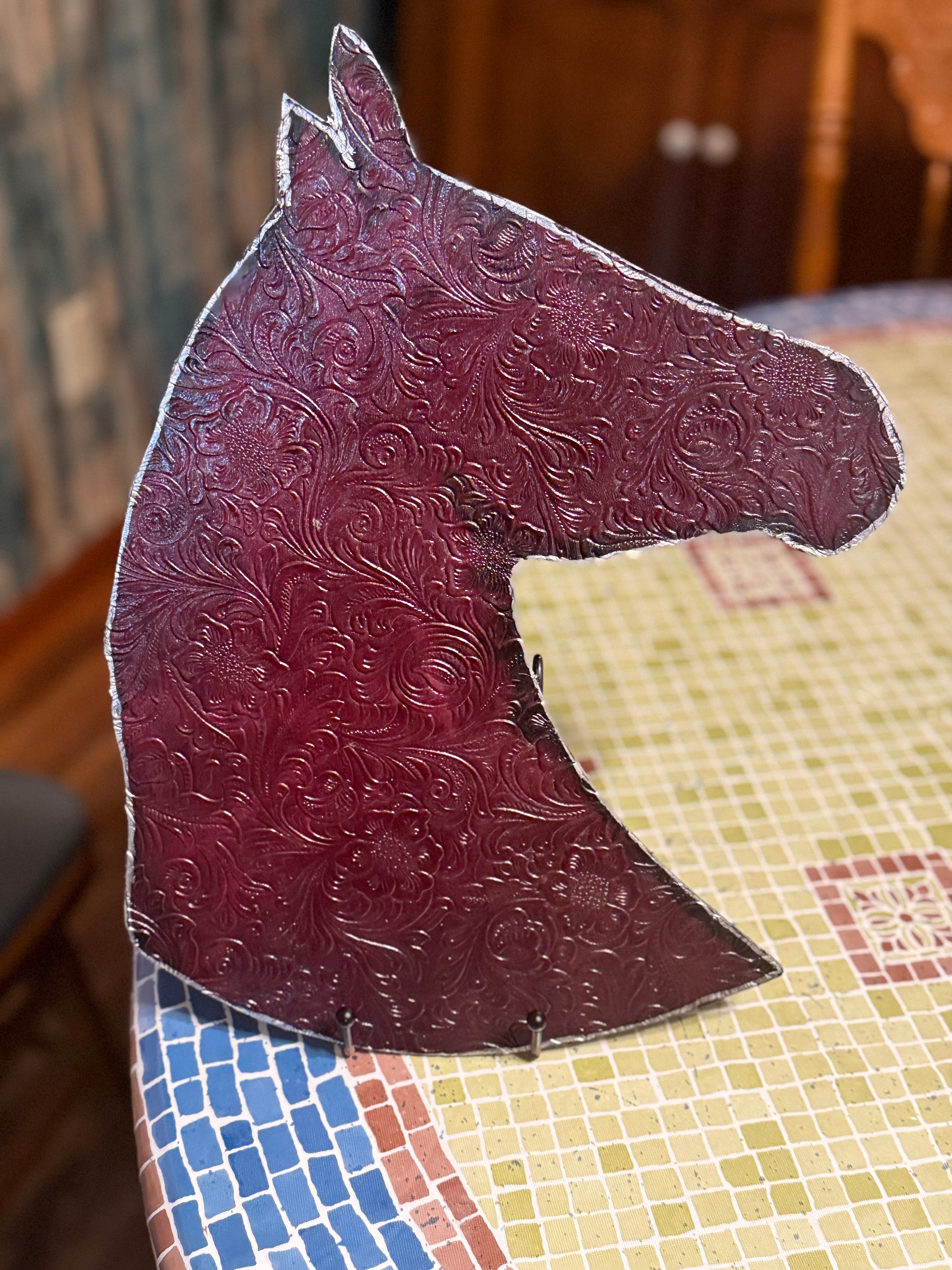 Embossed Western Horse Head Decor – Burgundy & Silver#60