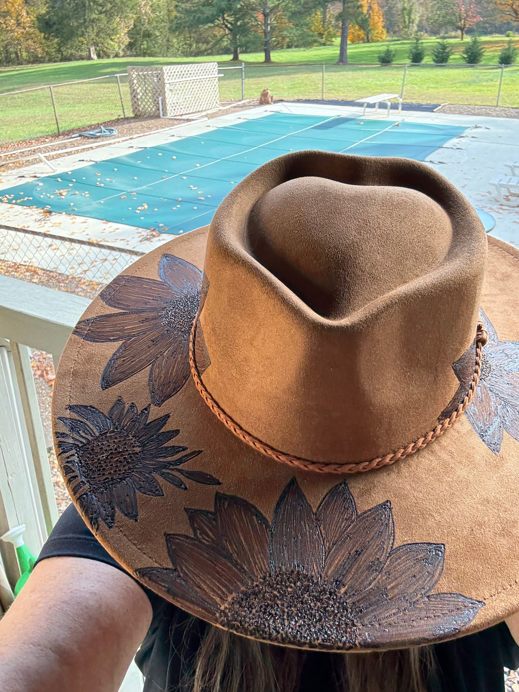 Adjustable Heart-Crown Sunflower Cowboy Hat – Hand-Burned Western Style#24