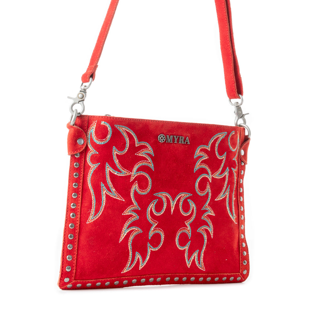 Myra Texas Rose Embroidered Leather Sling Bag for Women – Suede Finish with Silver Studded Detail