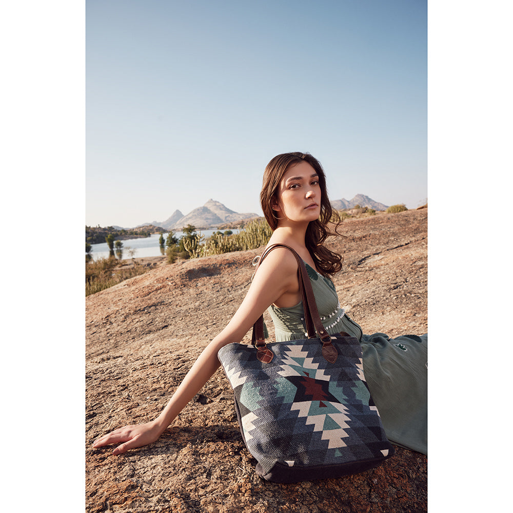 Myra Polos Aztec Canvas Tote for Women – Tribal Print Body with Dual Leather Handles for Everyday Western Style