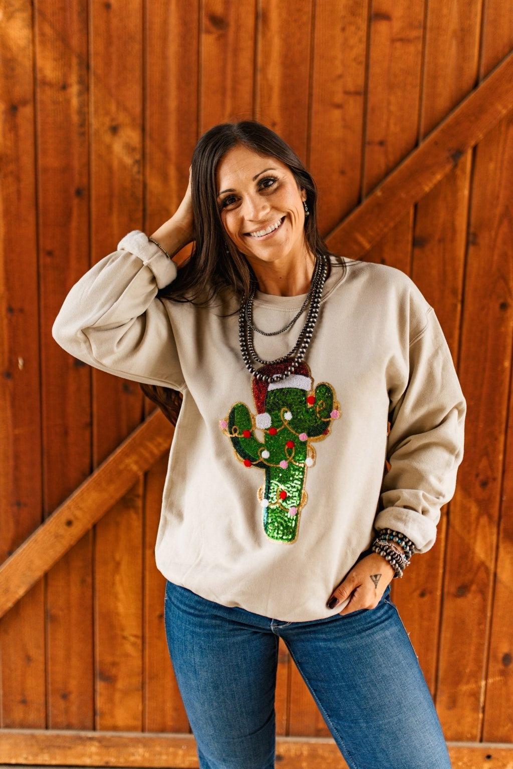 Christmas Cactus Sequins Patch Sweatshirt