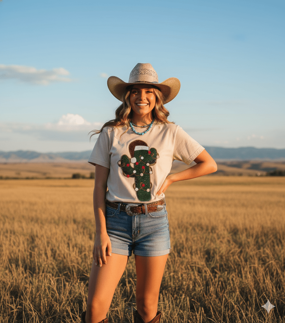 Christmas Cactus Sequins Patch Tee